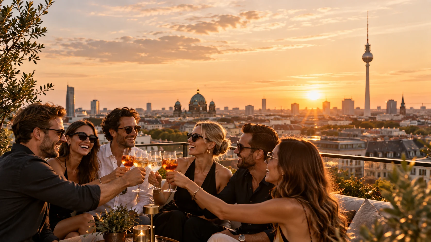 Freundesgruppe auf einer Dachterrasse bei Sonnenuntergang